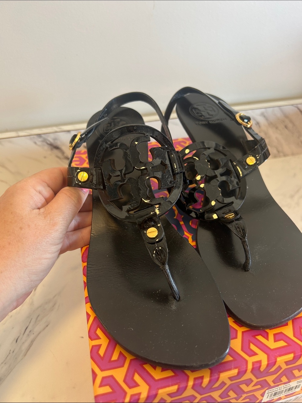 Tory Burch holly black Logo-Sandals with 2 inch heel and Gold Accents - Picture 2 of 10